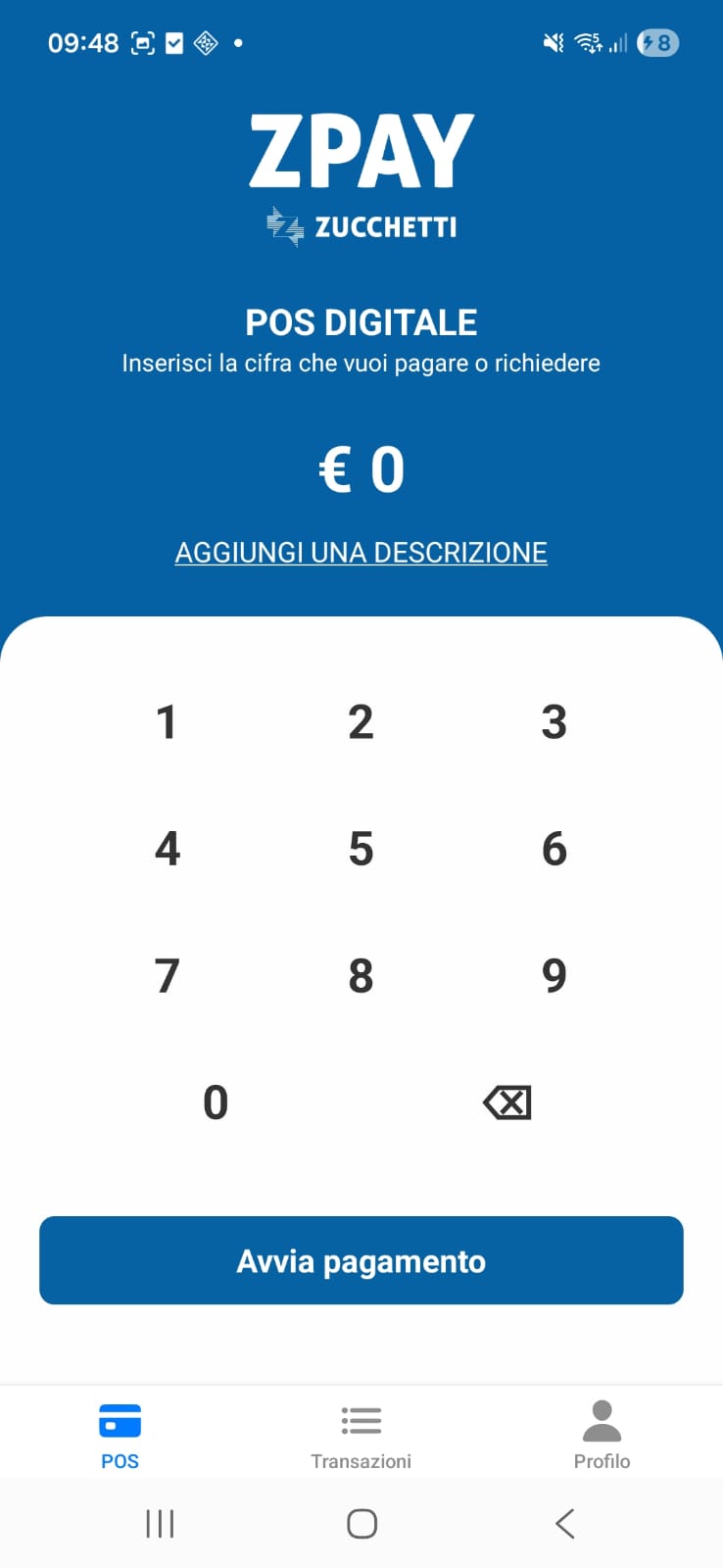 Schermata app ZPAY SoftPOS: tastierino numerico per inserire l'importo e avviare il pagamento